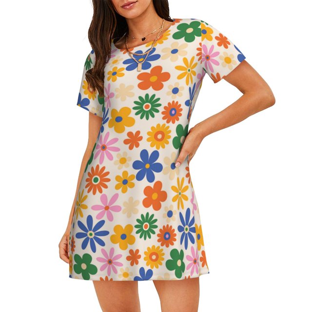 Balery Groovy Daisy Flowers Camisón de manga corta con cuello redondo para mujer, cómodo y elegante.