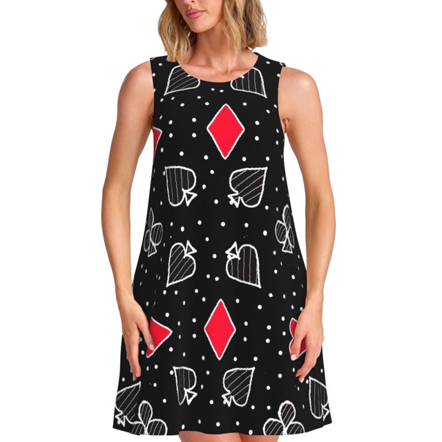 Fotbe Card Suits Vestido de Verano sin Mangas para Mujer – Vestido Midi Línea A, Estilo Camiseta Floral, Vestido Playero Casual y Fluido