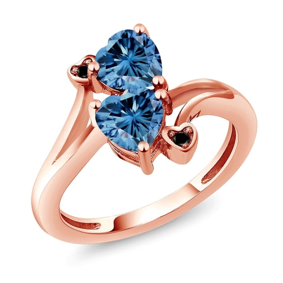 Gem Stone King 18K Rose Gold Plated Silver Persian Blue Moissanite and Black Diamond Ring for Women (1.63 Cttw, Heart Shape 6MM, Gemstone Birthstone, Size 6)