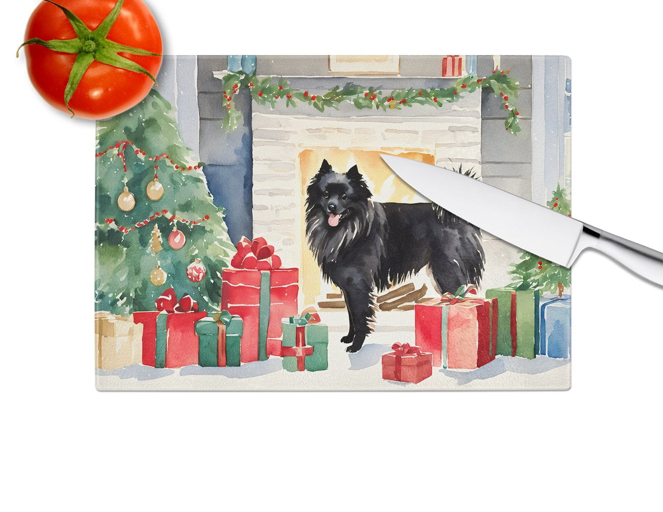 German Spitz Cozy Christmas Glass Cutting Board Large 12 in x 15 in