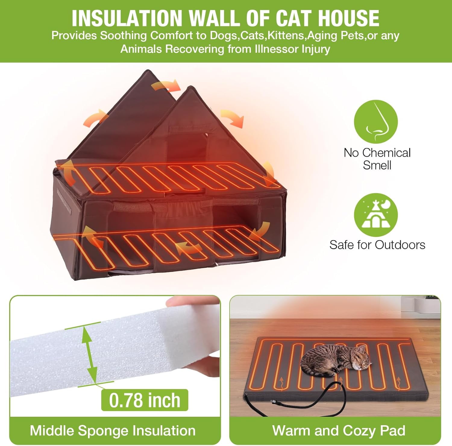 MEDEHOO Heated Cat House with Heater, Indoor/Outdoor Pet Shelter with Insulated Liner Keep Warm in Winter,Raise Legs with Large Platforms