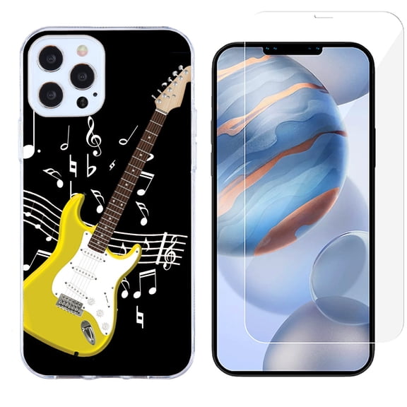 Slim-Fit Protective Phone Case compatible with iPhone 12 Pro Max, with Tempered Glass Screen Protector, by OneToughShield ® - Guitar Yellow