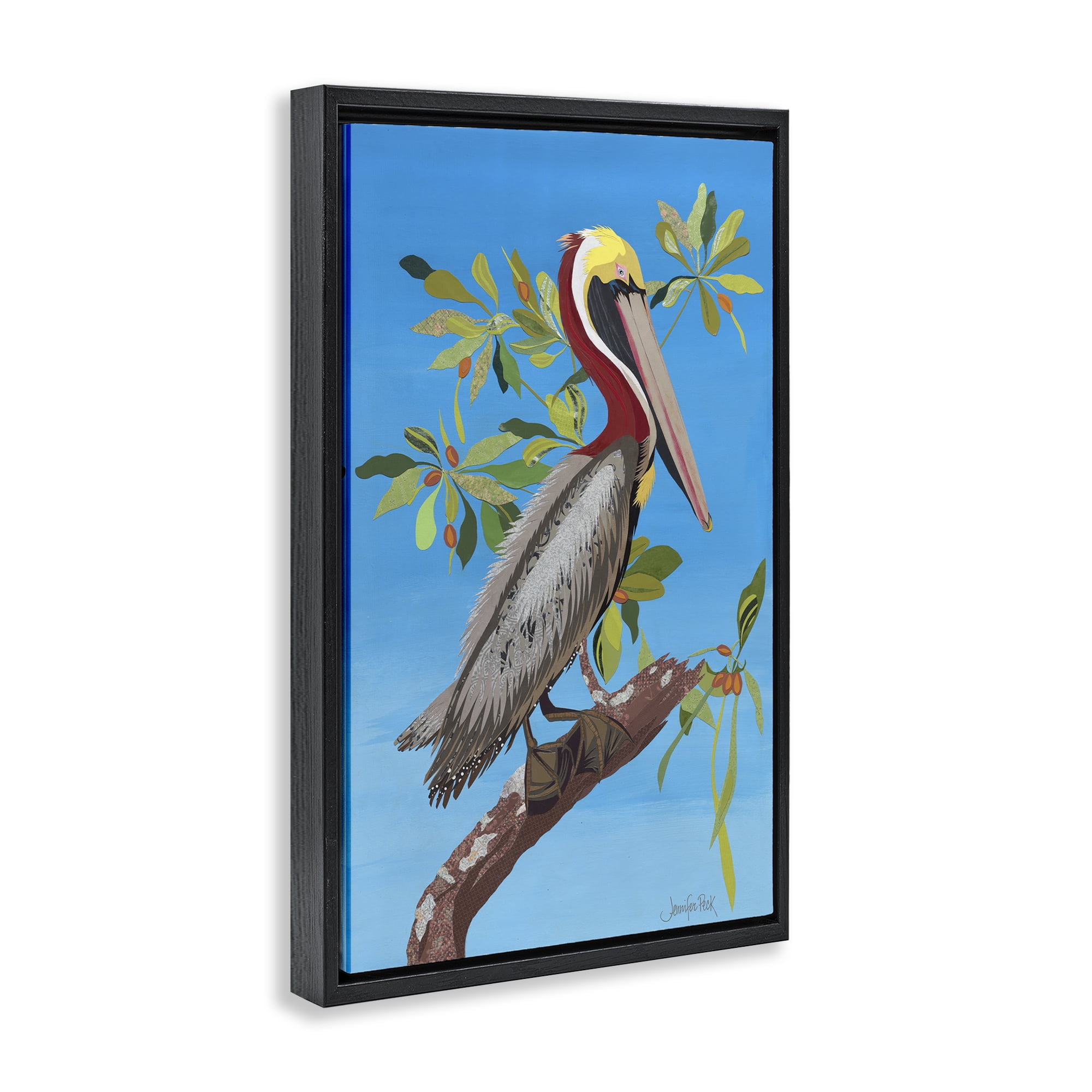 Stupell Industries Brown Pelican on Tree Animals & Insects Painting Black Floater Framed Canvas Art Print Wall Art, 21 x 31