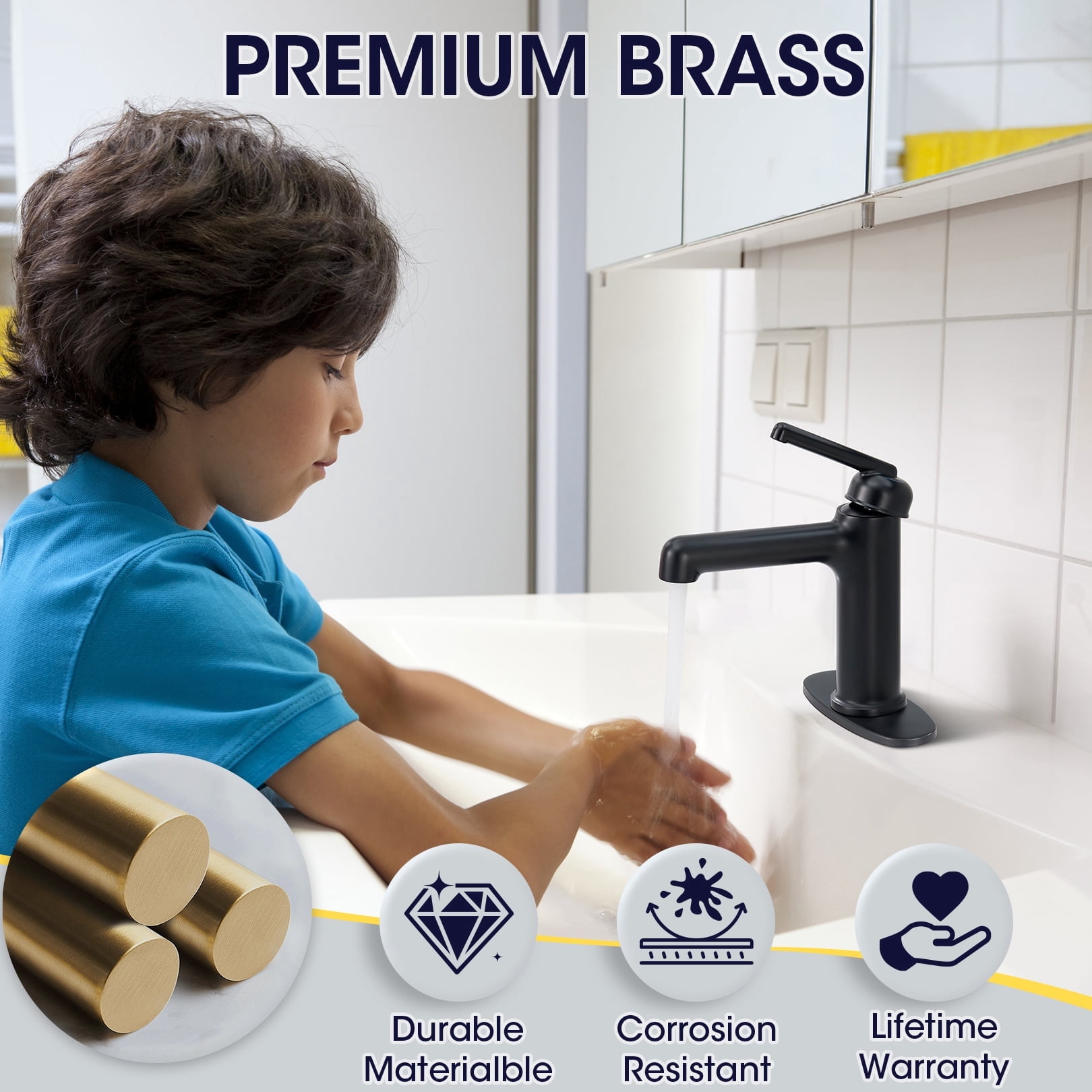Wowkk Bathroom Sink Faucets Solid Brass Single Handle Bathroom Faucets with Deck Mount 1 Hole or 3 Hole and Supply Line, Straight Spout Vanity Faucet for RV Restroom Hotel, Matte Black