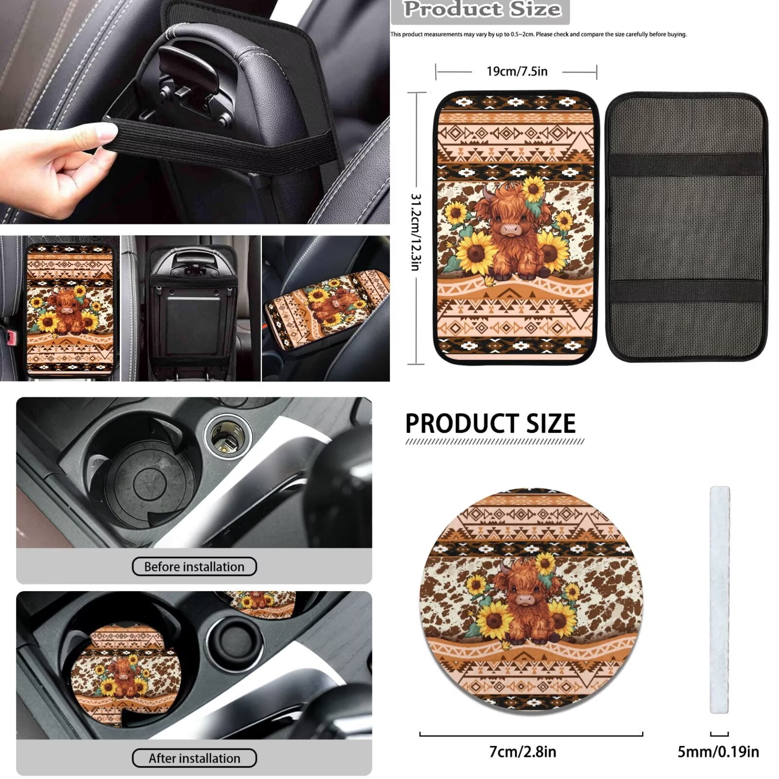 FKELYI Car Seat Covers with Steering Wheel Cover American Tribal Sunflower Highland Cow Print Auto Center Console Pad Seat Belt Pads Head Rest Covers Gear Shift Cover Hanbrake Cover, 16 Pcs