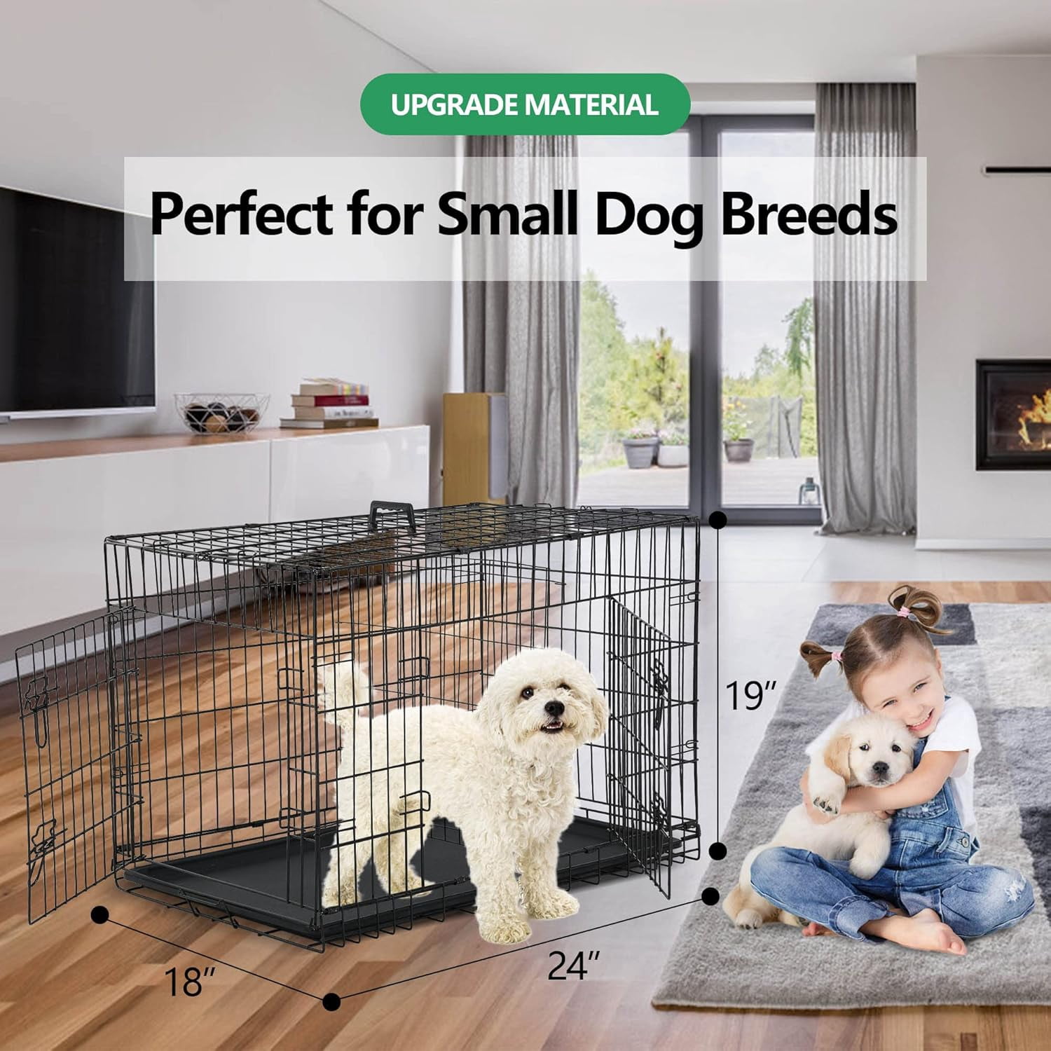 XF XINFENG 24" Heavy-Duty Foldable Metal Dog Crate for Small Dogs - Double-Door Design Dog Cage Kennel w/Divider, Tray & Handle (Black)