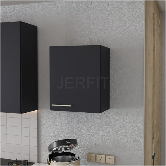 JERFIT Modern Wall Mounted Kitchen Cabinet with Door, 2 Shelves Storage for Spices & Utensils, Space Saving Melamine Organizer in Black