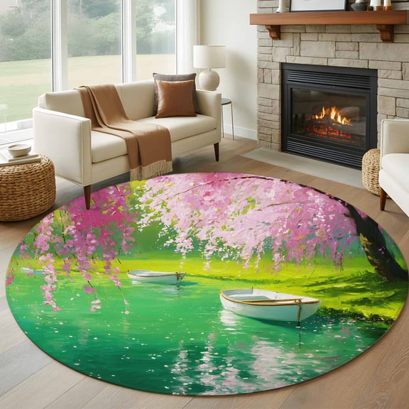 Round Area Rug 8 Ft, Pink Flower Tree Washable Non-Slip Circle Carpet for Living Room/Bedroom, Spring Lake Boat Country Natural Scenery Collection Low-Profile Large Area Rugs for Indoor