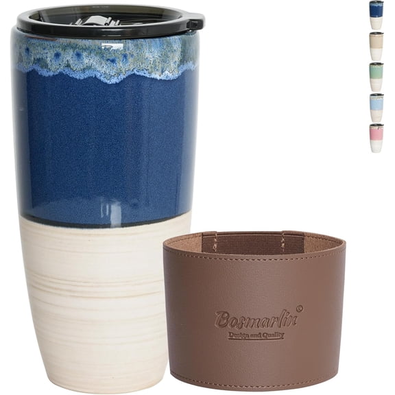 Ceramic Travel Coffee Cup with Lid, 21 oz, Portable Coffee Mug for Car Cup Holder, Microwave and Dishwasher Safe, Reactive Glaze (Deep Blue)