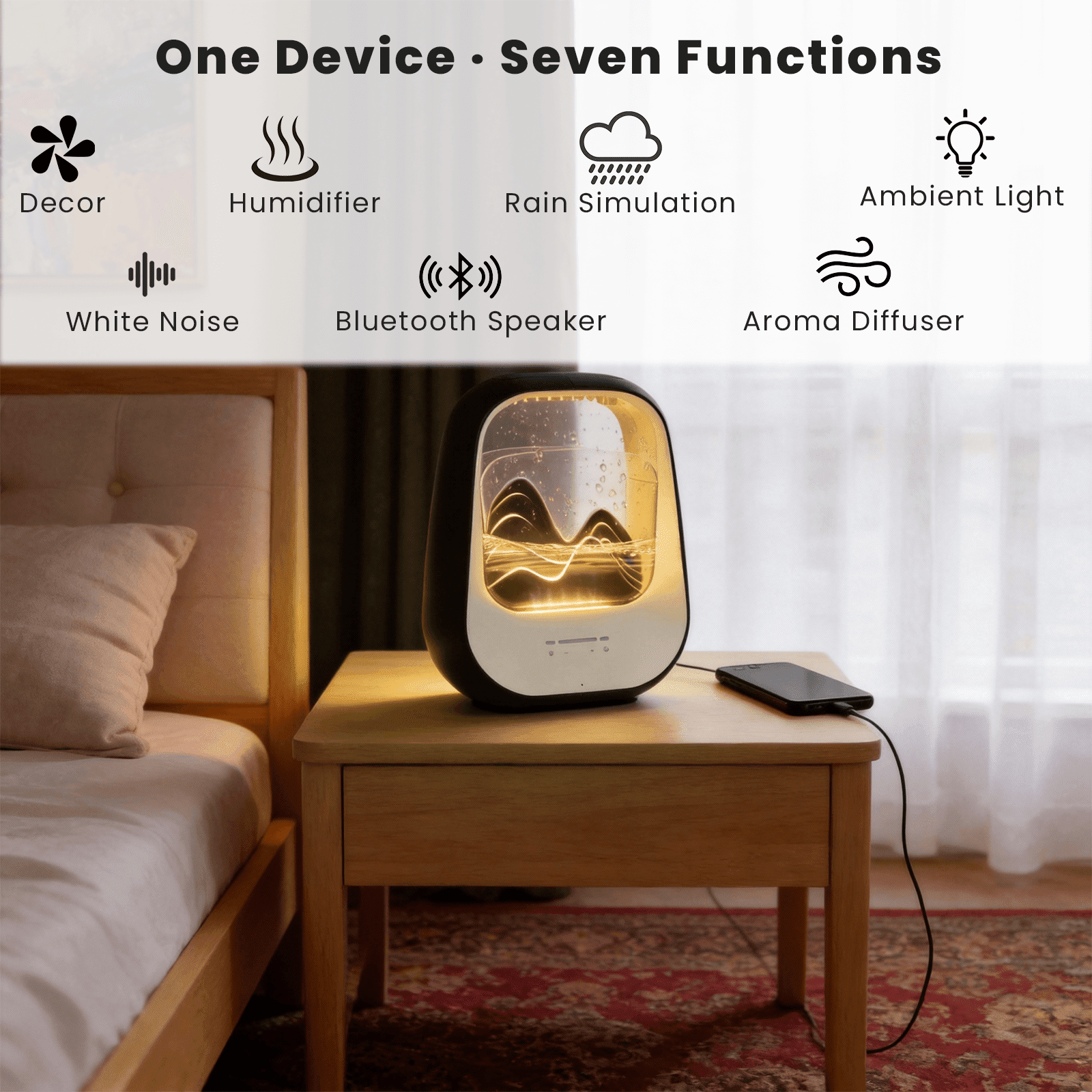 Rain Drop White Noise Machine with Humidifier, Bluetooth Speaker & Aroma Diffuser, 7-Color Mood Light and Nature Sounds for Bedroom, Office & Meditation, Black