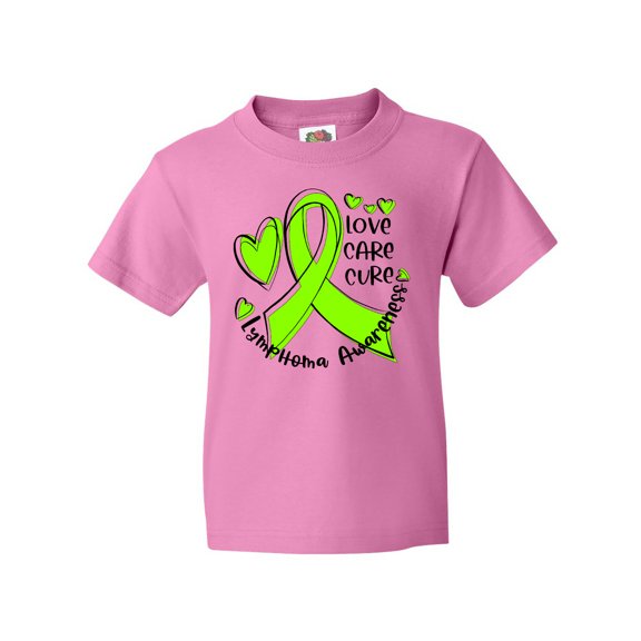 Inktastic Love, Care, Cure Lymphoma Awareness Lime Green Ribbon Hearts Youth T-Shirt