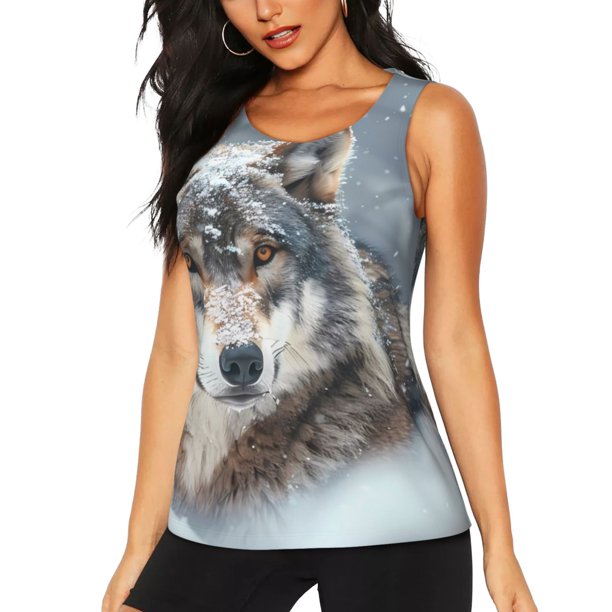Fotbe Majestic Snowy Wolf Blusas Sin Mangas para Mujer – Estilo Casual, Corte Suelto, Slim-Fit, Cuello Redondo Deportivo, Tops de Verano para Gimnasio y Yoga-Small