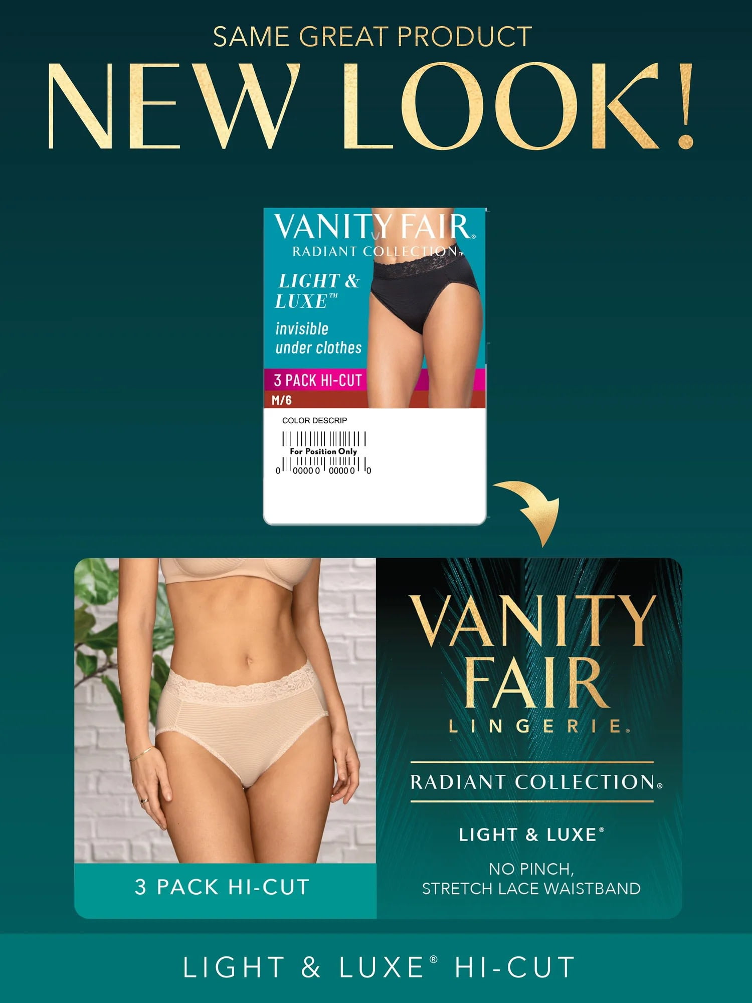 Vanity Fair Radiant Women's Light and Luxe Hi-Cut Brief Underwear - Stretch Lace Waistband, 3-Pack, Sizes S-5XL