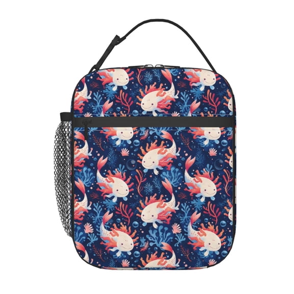 Cute Axolotl Blue Lunch Bag Reusable Thermal Lunch Box with Handle for Women and Men