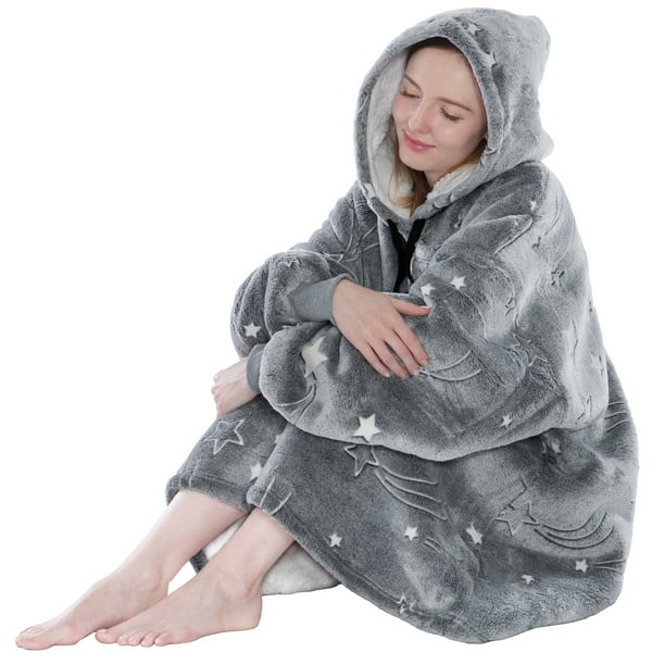 PAVILIA Blanket Hoodie for Women Grey Sherpa Wearable Blanket Men Cozy Oversized Sweatshirt Blanket Warm Fleece Hooded Blanket Sweater with Sleeves and Giant Pocket Glow in The dark Star Gray