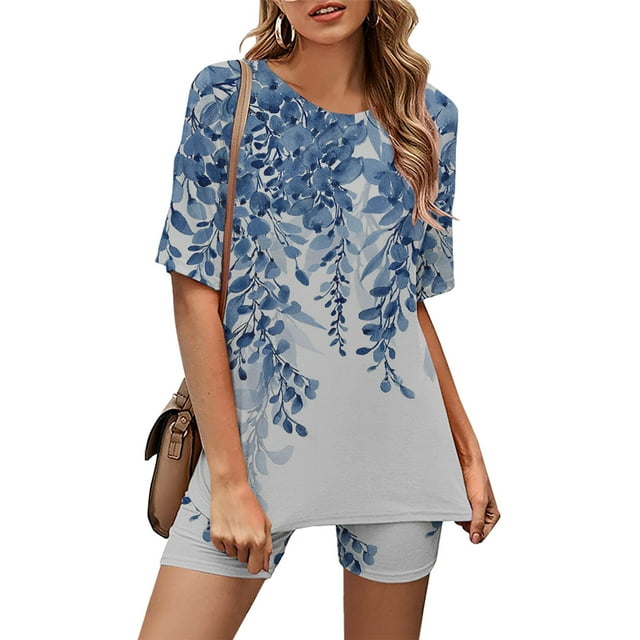 Ensembles pour Femmes 2 Pcs Tenues Mode Col Rond Blouse Manches Courtes Hauts Shorts Ensemble Décontracté Été 2 Pcs pour Femmes en Solde