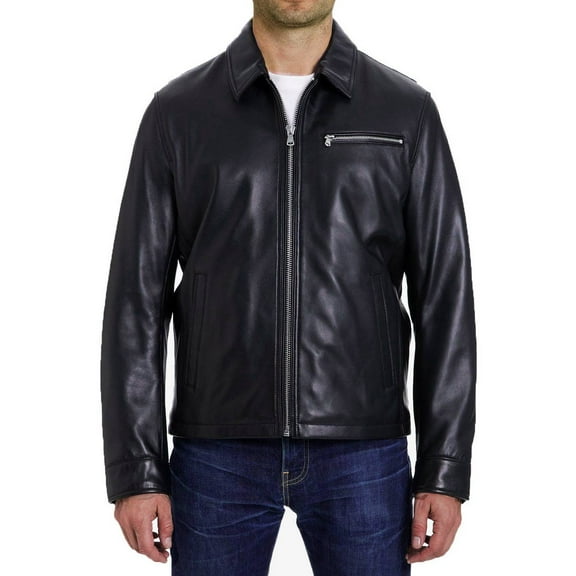 Michael Kors Men's Zip Front Genuine Leather Jacket (Black, XXL)