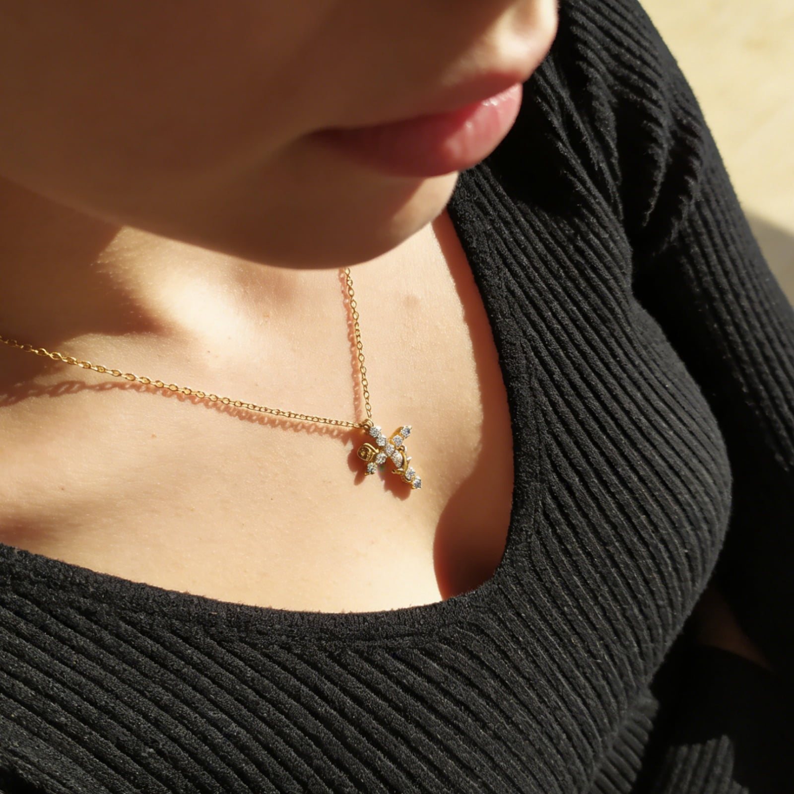 SFTING Cross Necklace for Women Rose Flower 18K Gold Plated Dainty Cross Pendant Faith Jewelry Gifts for Women Yellow
