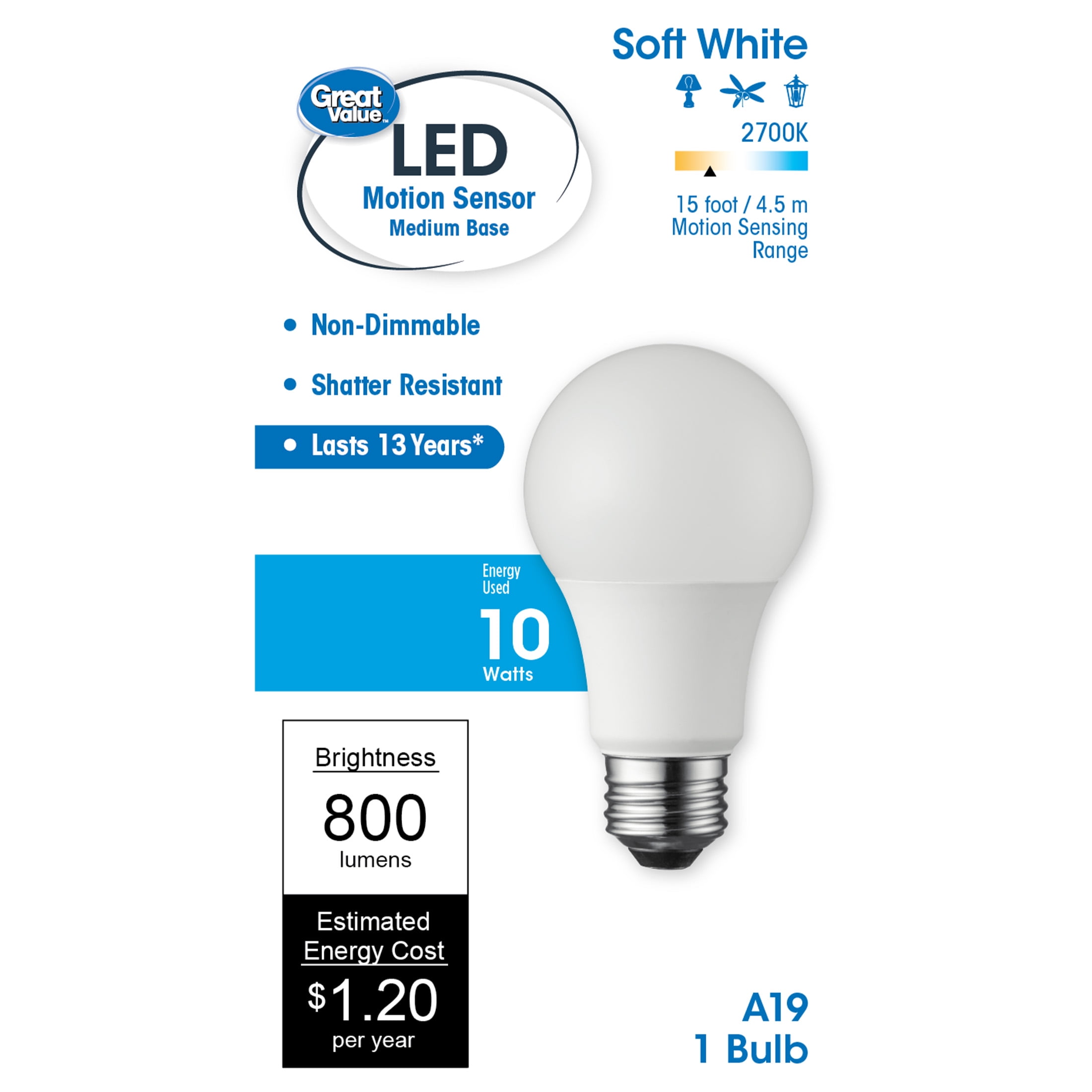 Great Value Light Bulb, 10W (60W Equivalent) A19 Motion Sensor Lamp E26 Medium Base, Non-dimmable, Soft White, 1-Pack - Walmart.com