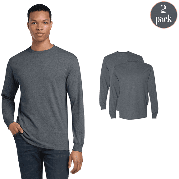 Gildan Men's DryBlend Long Sleeve T-Shirt, Rib Collar Classic Fit Tee, Dark Heather, 2-Pack, XL