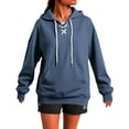 thumbnail image 6 of Htigea Womens Lace Up Hoodies Thin Fleece V-Neck Hooded Sweatshirts Casual Loose Fit Pullover Tunic Tops with Pocket Navy L, 6 of 6