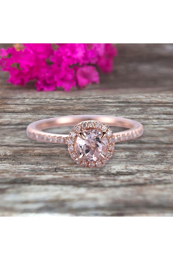 Round Cut Gem Stone Pink Morganite Engagement Ring On10k Rose Gold Wedding Ring Art Deco Personalized for Brides