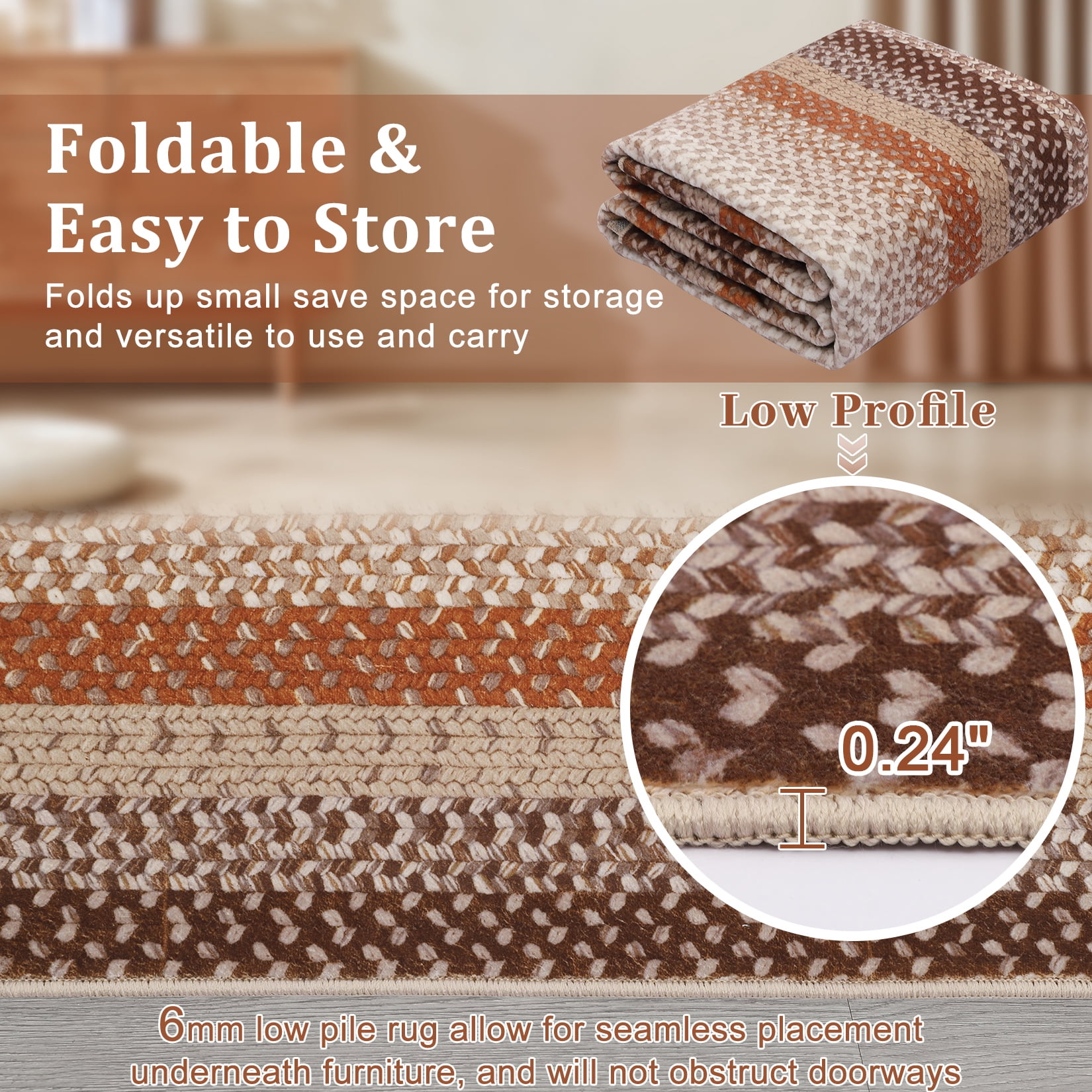HOMERRY Braided Print Border Non Slip Area Rug 9' x 12' for Living Room Washable Indoor Carpet, Brown/Orange