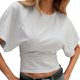 thumbnail image 1 of Camiseta de mujer de color liso con cuello redondo y manga corta - Corte holgado, bajo irregular - Tallas S-L, 1 of 8