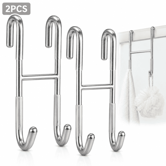 Emlimny Shower Door Hooks ,2 Pack Towel Door Hooks for Bathroom No Drill Bathroom Hooks for Frameless Glass Door, Shiny Silver Stainless Steel Hooks with Anti-Slip Rubber