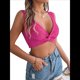 thumbnail image 3 of Top Corto Sin Mangas de Punto Acanalado con Cuello en V y Frontal para Mujer Rosa Roja M, 3 of 9