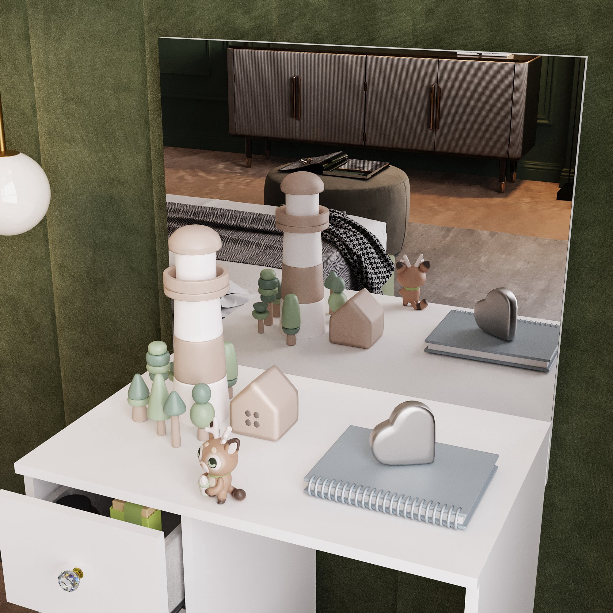 Ember Interiors Small Kids Vanity Makeup Desk Set with Chair, Drawers,Mirror,Gold Crystal Ball Knobs, White
