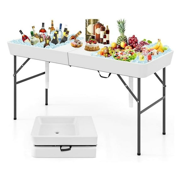 5 FT Folding Ice Cooler Table with Double Sinks and Drains, Portable Ice Table with Matching Skirt, Beverage Cooler Table, Chill Table for Party, Picnic, BBQ, Camping