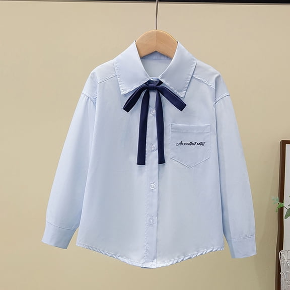 Long Sleeve Shirts for Girls with Pocket and Tie Button-Down Collared Tops Size 4-15 Teens Kids Trendy Solid Color School Uniform Blouses Top