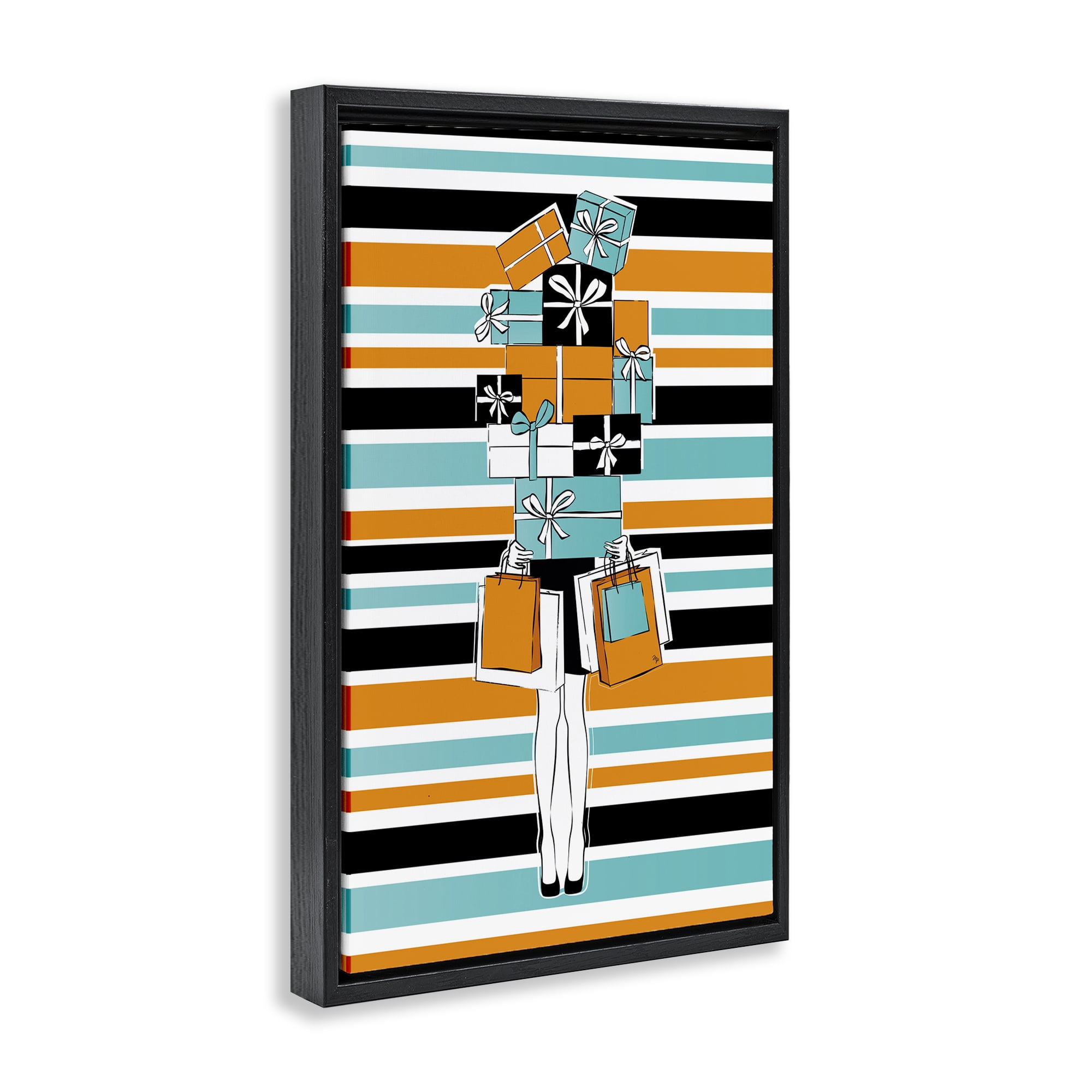 Stupell Industries Stacked Shopping Boxes Beauty & Fashion Painting Black Floater Framed Art Print Wall Art, 17 x 25