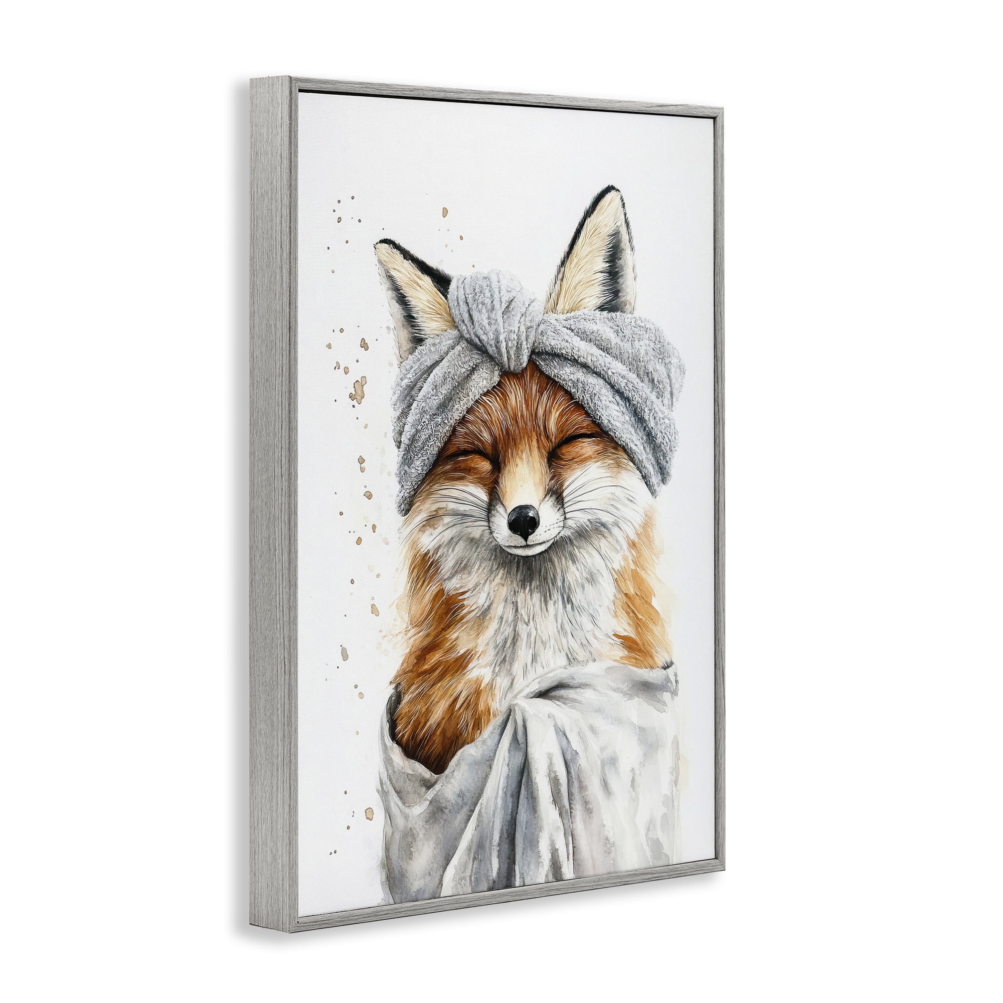 Stupell Industries Bathroom Fox Wrapped in Towel Gray Framed Giclee Art, design by Tina LeCour