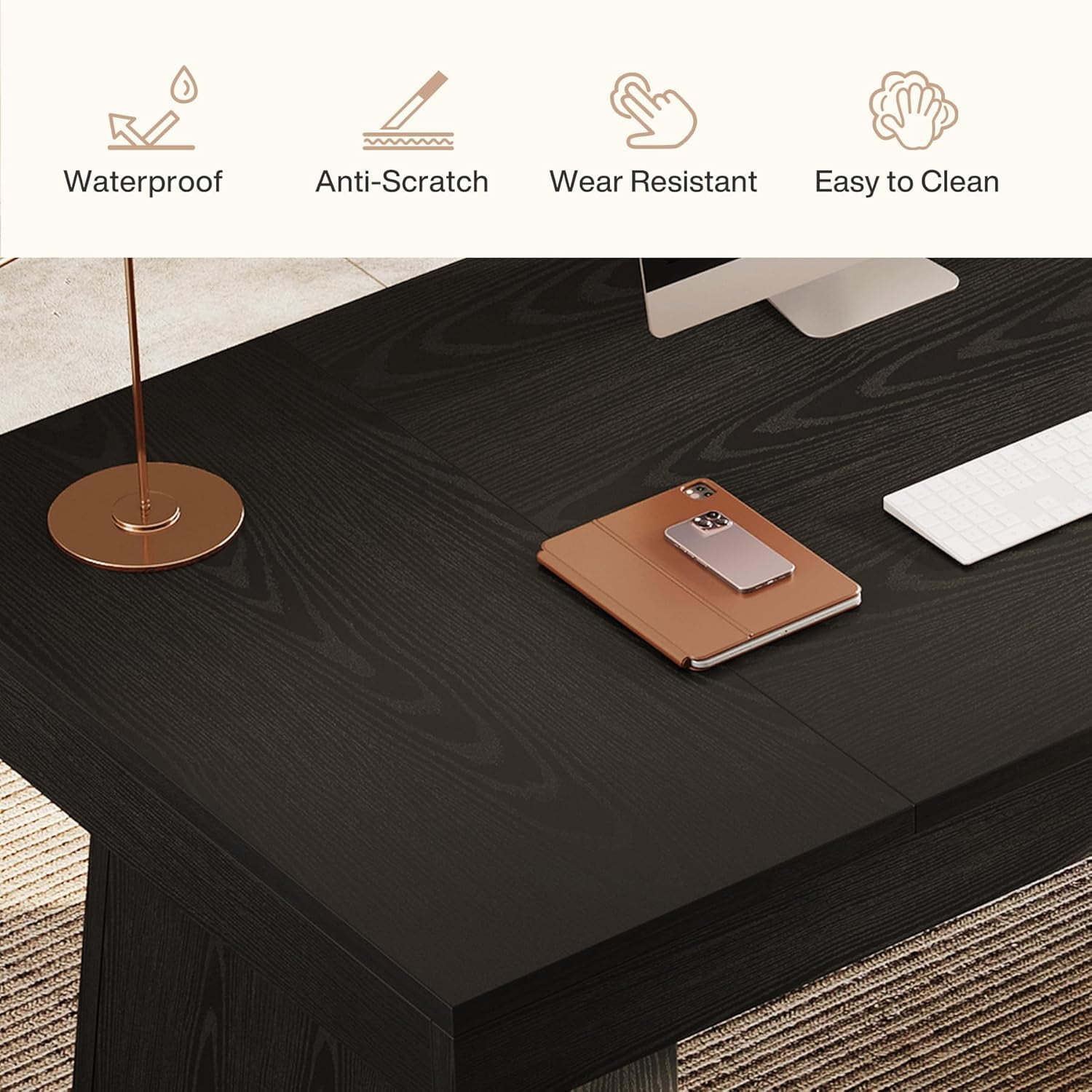 Finmind Large Wood Executive Desk, 55" Rectangle Office Desk with Double Pedestal, Modern Minimalist Computer Desk Workstations Conference Table Furniture for Home Office(Black)
