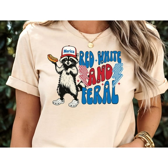 Funny Patriotic Raccoon Shirt - Red White and Feral Tee - 4th of July Animal Graphic Shirt for Women Men S-5XL