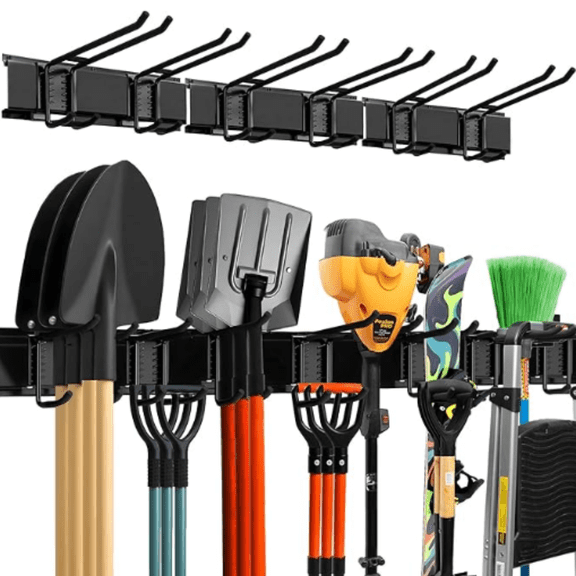 Garage Wall Organizer | 48" Heavy-Duty Tool Storage Rack | Adjustable Double-Layer Hooks | 300 lbs Capacity | Carbon Steel Wall Mount Holder for Shovels, Rakes, Ladders & Power Tools
