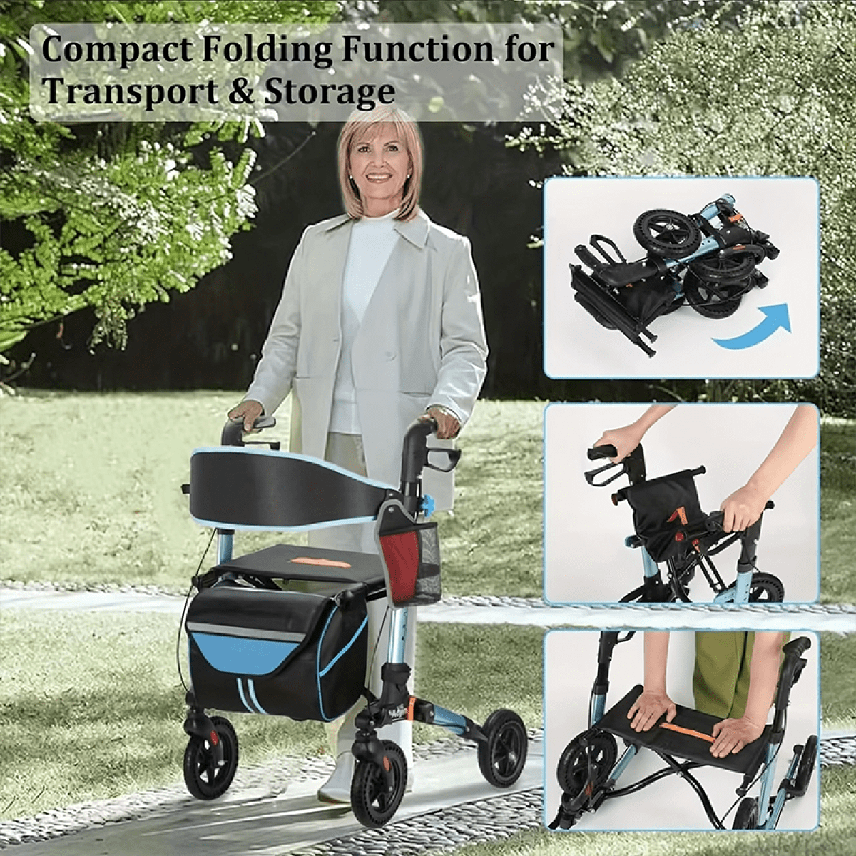 Rollator Walker for Seniors Lightweight Foldable All Terrain Rolling Walker with seat Aluminum Walkers with 8 inch Rubber Wheels Handles and Backrest for Seniors and Adult (BLUE)