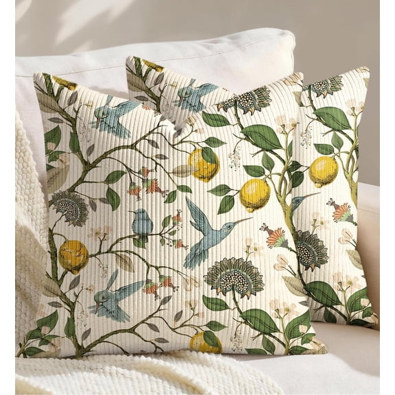 Wrongduck Corduroy Throw Pillow Covers 18x18 - Set of 2 Decorative Spring Pillow Covers with Zipper Farmhouse Decor Cottage Throw Pillowcases for Couch Sofa Living Room Home Bedroom, PK Floral