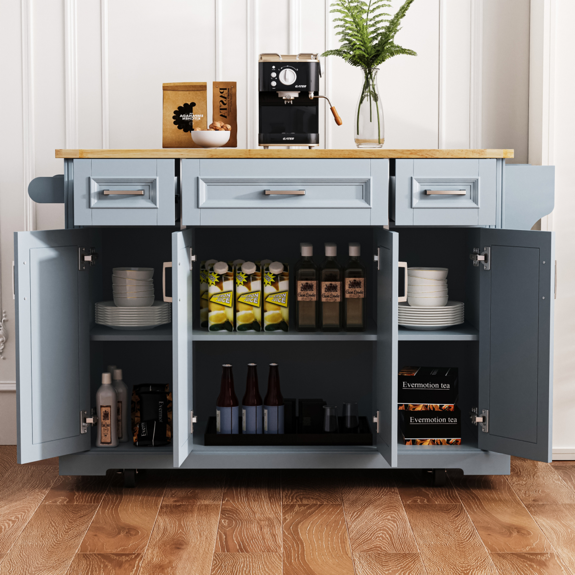 54 Inch Rolling Kitchen Island Cart - Rubber Wood Drop Leaf, Embossed Texture, 4 Doors 3 Drawers Storage for Kitchen Dining,Grey+Blue