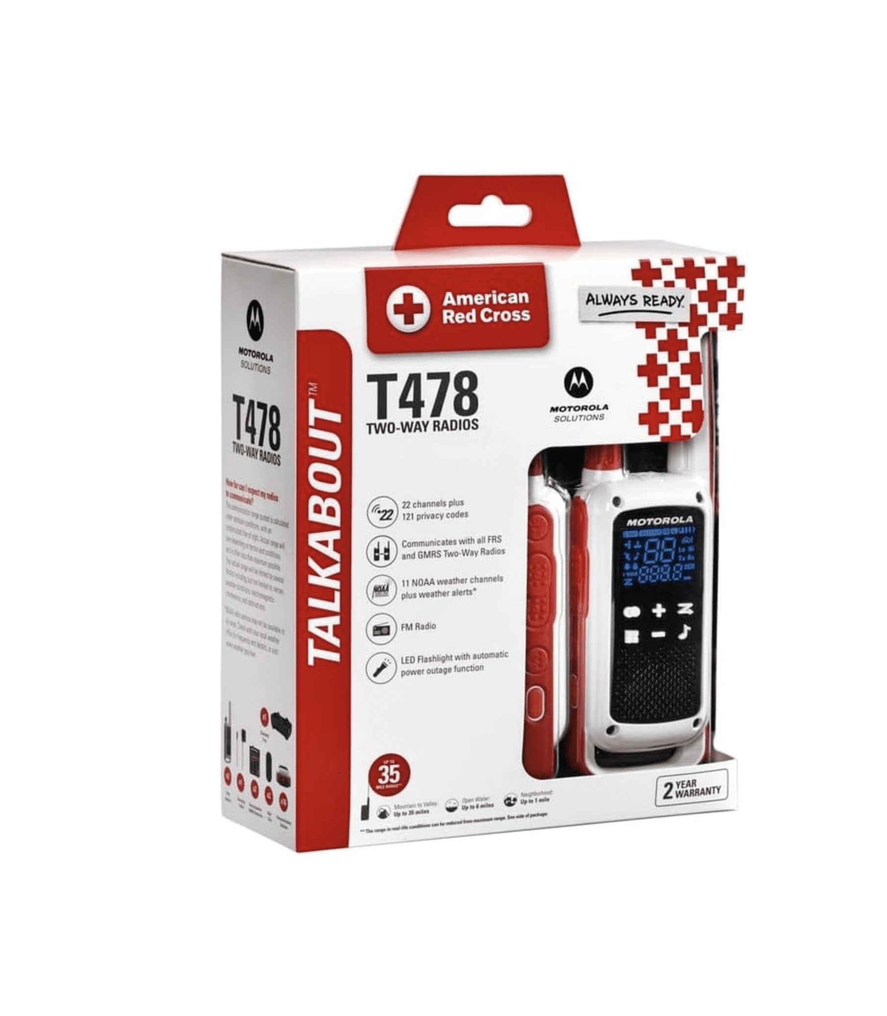 Motorola Solutions Talkabout Portable Red Cross FRS T478 Two Way Radio 6 Pack Walkie Talkies White/Red 22 Channels PTT Earpieces Dual Chargers Emergency Preparedness