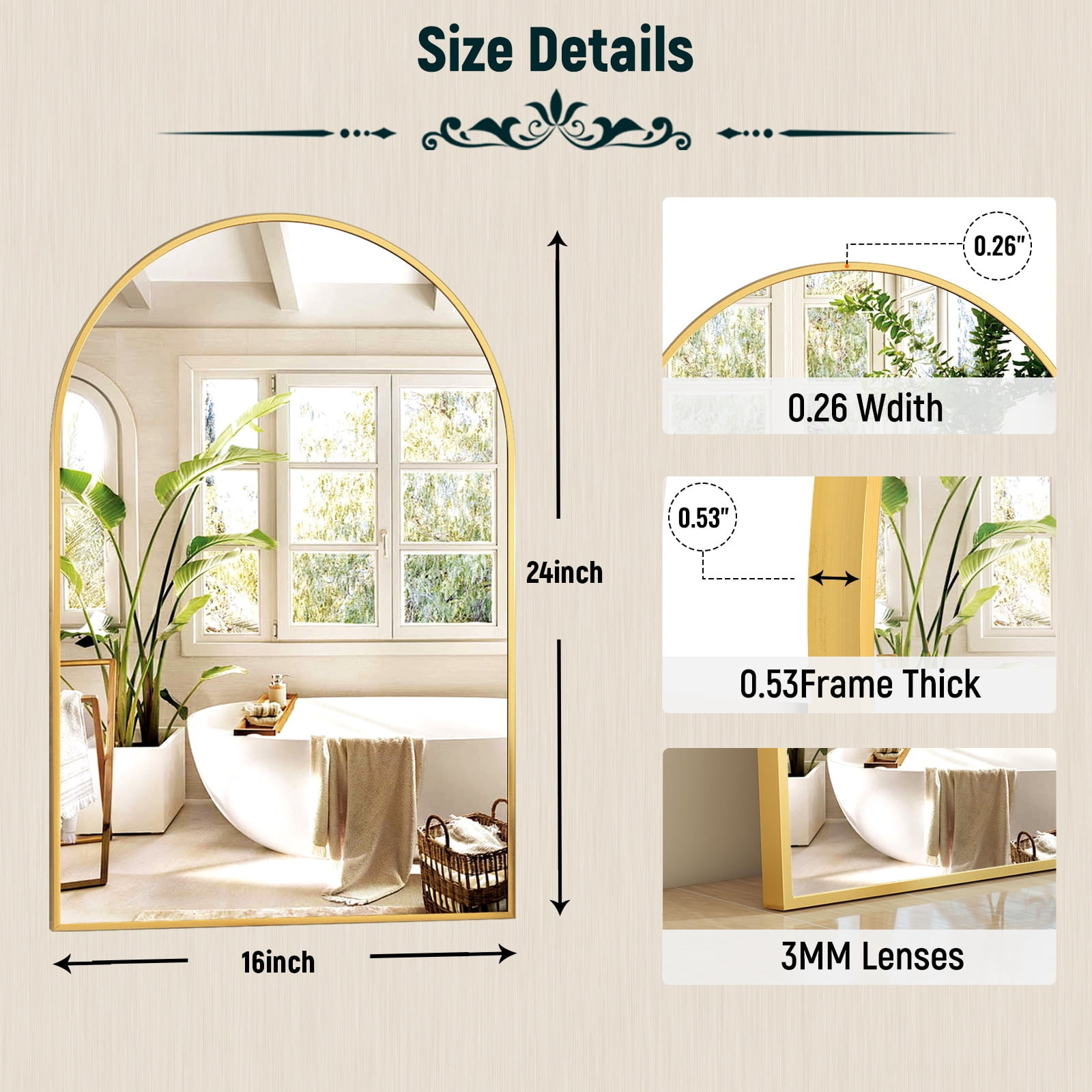 SHATTERVIEW 16"x24" Arched Bathroom Mirror Vanity Wall Mounted Mirror, Gold