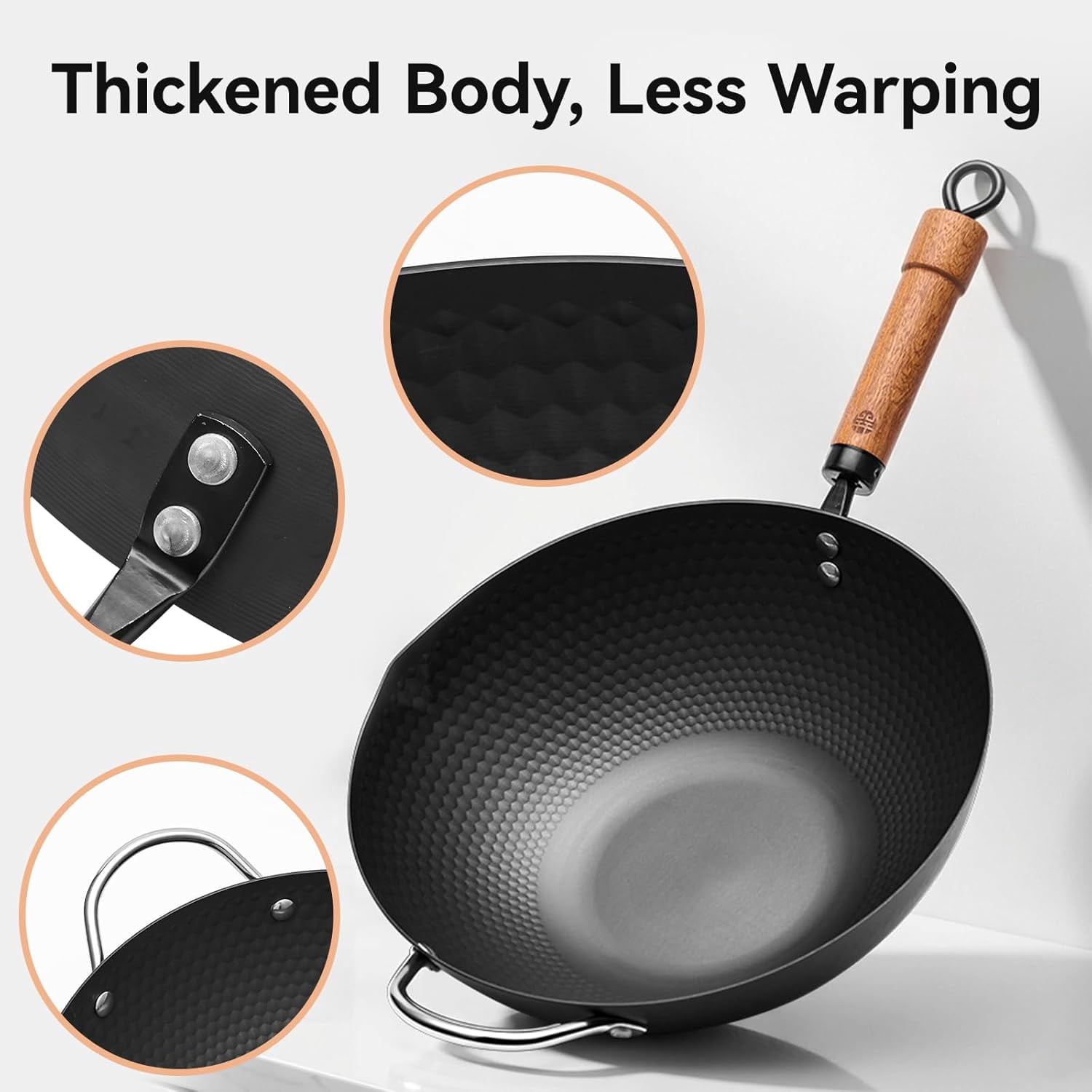 12.6 Inch Flat Bottom Carbon Steel Wok Pan with Lid and Spatula, Heavy Duty Uncoated Iron Stir Fry Cookware for Induction Gas Electric Stovetops