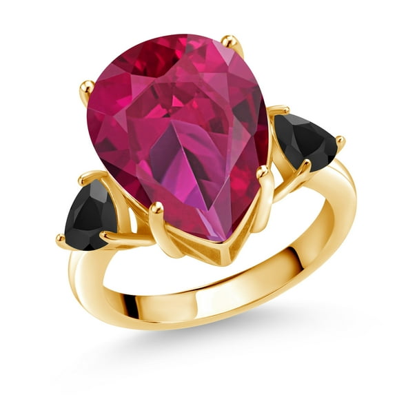 Gem Stone King 18K Yellow Gold Plated Silver Red Created Ruby and Black Onyx Ring for Women (10.34 Cttw, Gemstone July Birthstone, Pear Shape 16X12MM, Size 8)