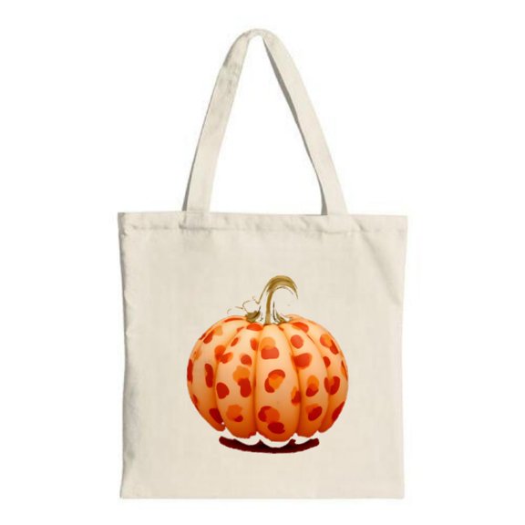 Cream Canvas Tote Bag with Central Pumpkin Illustration Orange & Red Spots Green Stem - Perfect for Shopping Travel & Parties