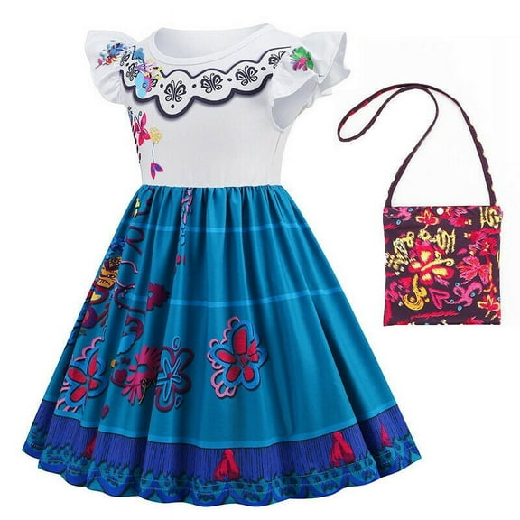 Encanto Mirabel Dress with Bag Girls Costume Floral Ruffle Princess Children Fancy Party 4-5Years