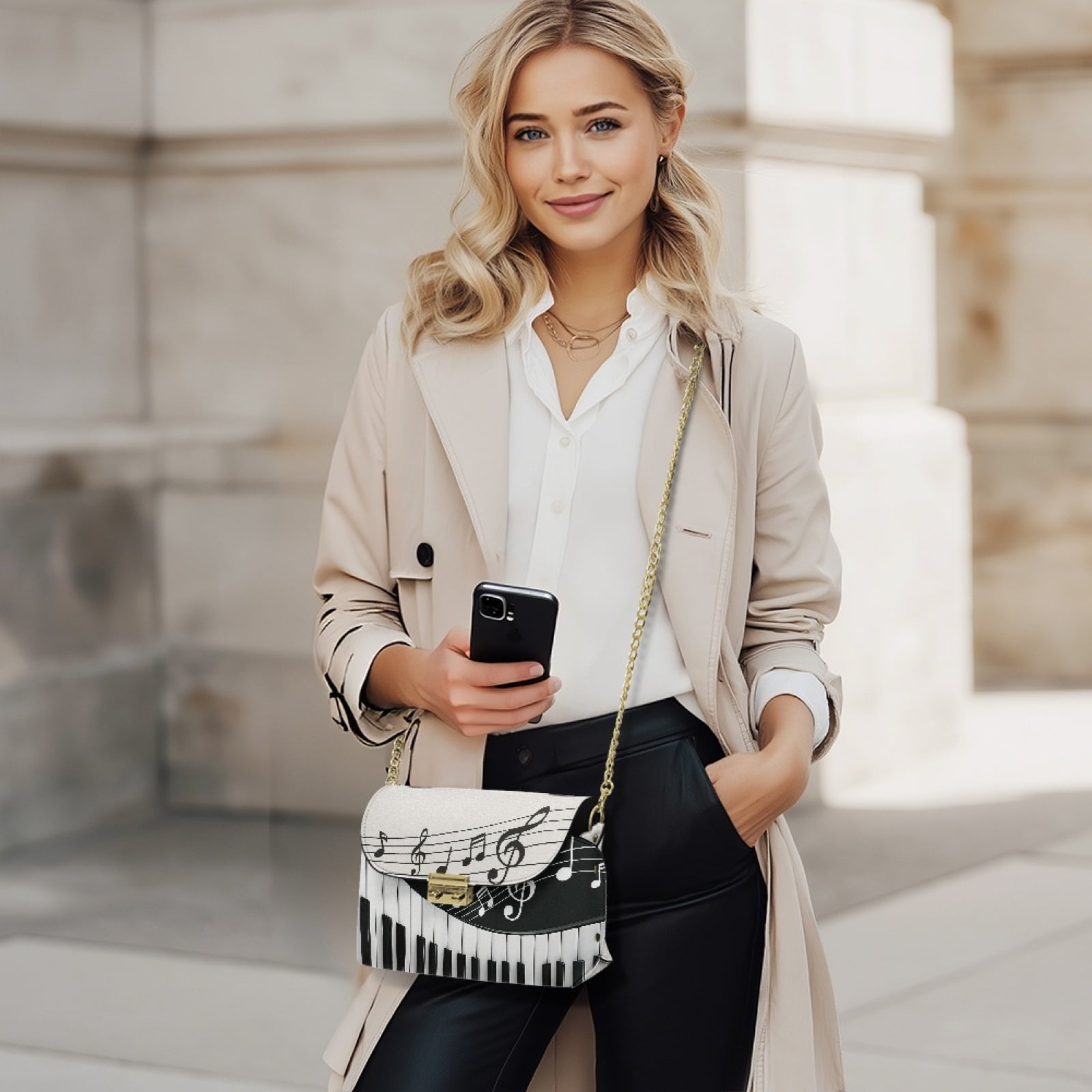 SCRAWLGOD Piano Musical Notes Print Black White Crossbody Bags for Women Leather Small Cross Body Purse Lightweight Shoulder Bag Handbags with Small Shoulder Purses