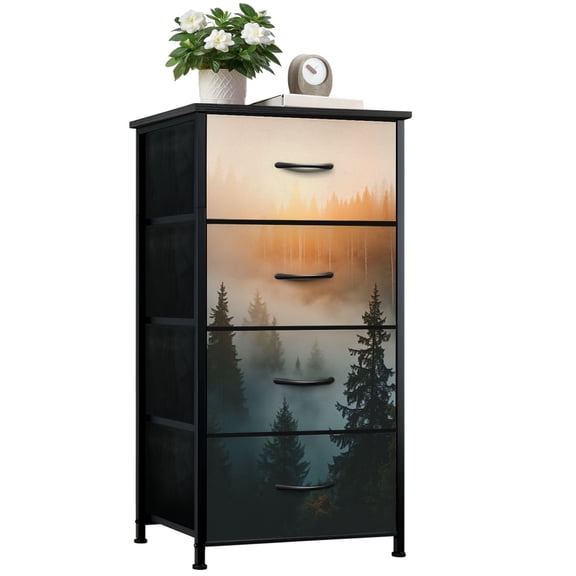 Dresser for Bedroom with 4 Storage Drawers Forest Sunlight Modern Room Plants Trees Mist Silhouettes Dressers Chest of Drawers Steel Framed Fabric Closet Organizers for Entryway Cabin Decor