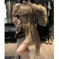 thumbnail image 3 of Spring 2024 New Pure Lust Style Coffee Color Light Hot Girl Bell Sleeve Slash Shoulder High Waist Long Sleeve Dresses FJH, 3 of 6